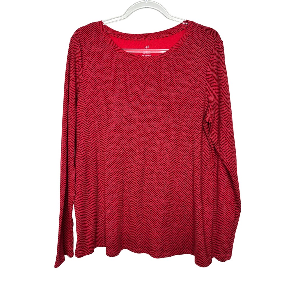 J Jill Long Sleeve Pima Cotton Crew-Neck Top Tee Size L Red Black Chevron